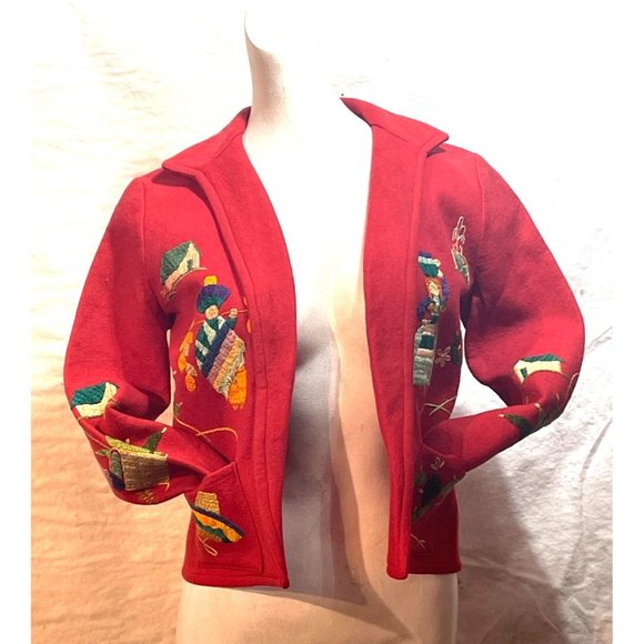 Vintage Handmade Embroidered Sweater Jacket Village Farmer Setting OOAK - Picture 8 of 16